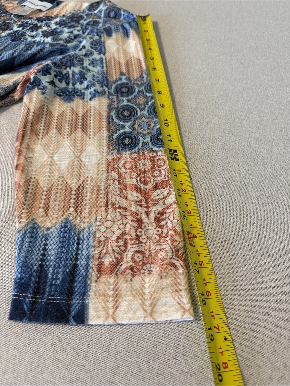 Alfred Dunner Blue and Tan Patchwork-Print 3/4 Sleeve Tunic SZM - Picture 10 of 13